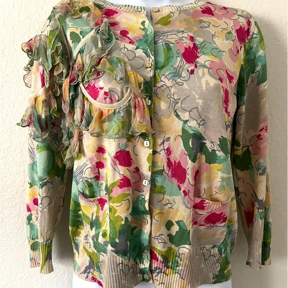 Vintage John Galliano Sz M Colorful Floral Cardigan Silk Cashmere Blend Y2K 2005